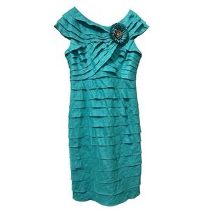 London Times Tiered Off Shoulder‎ Sea Blue Dress w/ Rosette- Minor Fraying